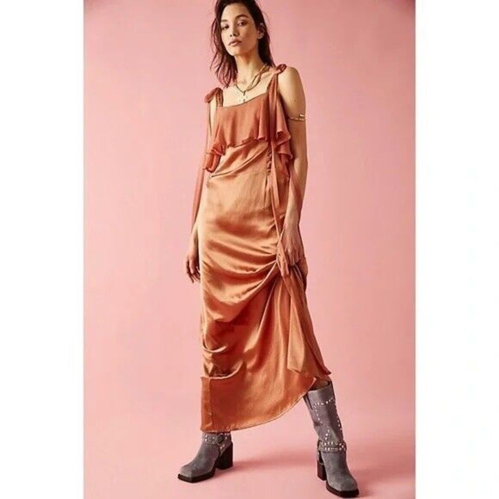 New Free People night slip Bias Cut Ruffles Asymmetrical Silky Satin L